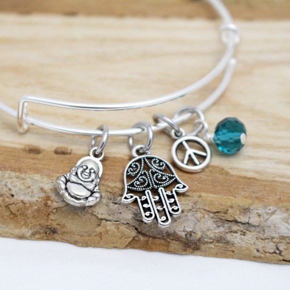 Buddha, Hamsa & Peace Sign Adjustable Charm Bracelet - Handcrafted - Picture 1 of 4